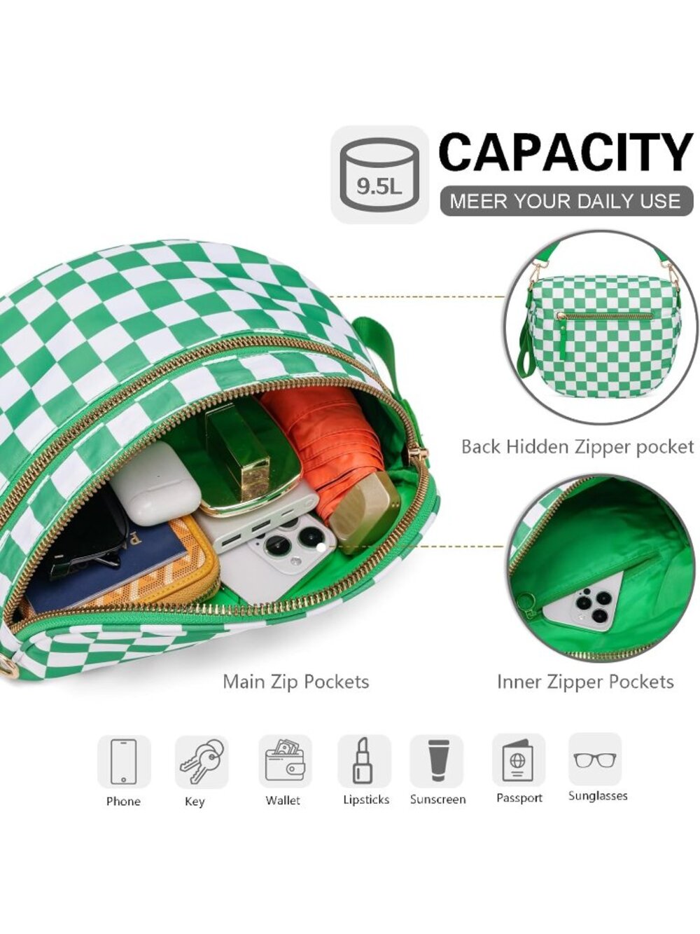 Women's Green Spacious Checkered Double-Zipper Compartment Fashion Crossbody Bag - Picture 4 of 6